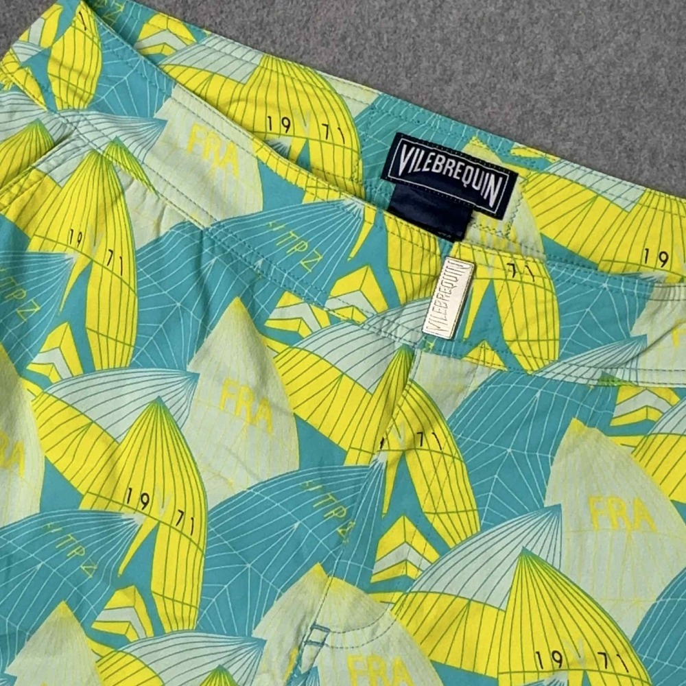 Vilebrequin Board Shorts Mens L Blue Yellow Geometric Print Swim Trunk Lined